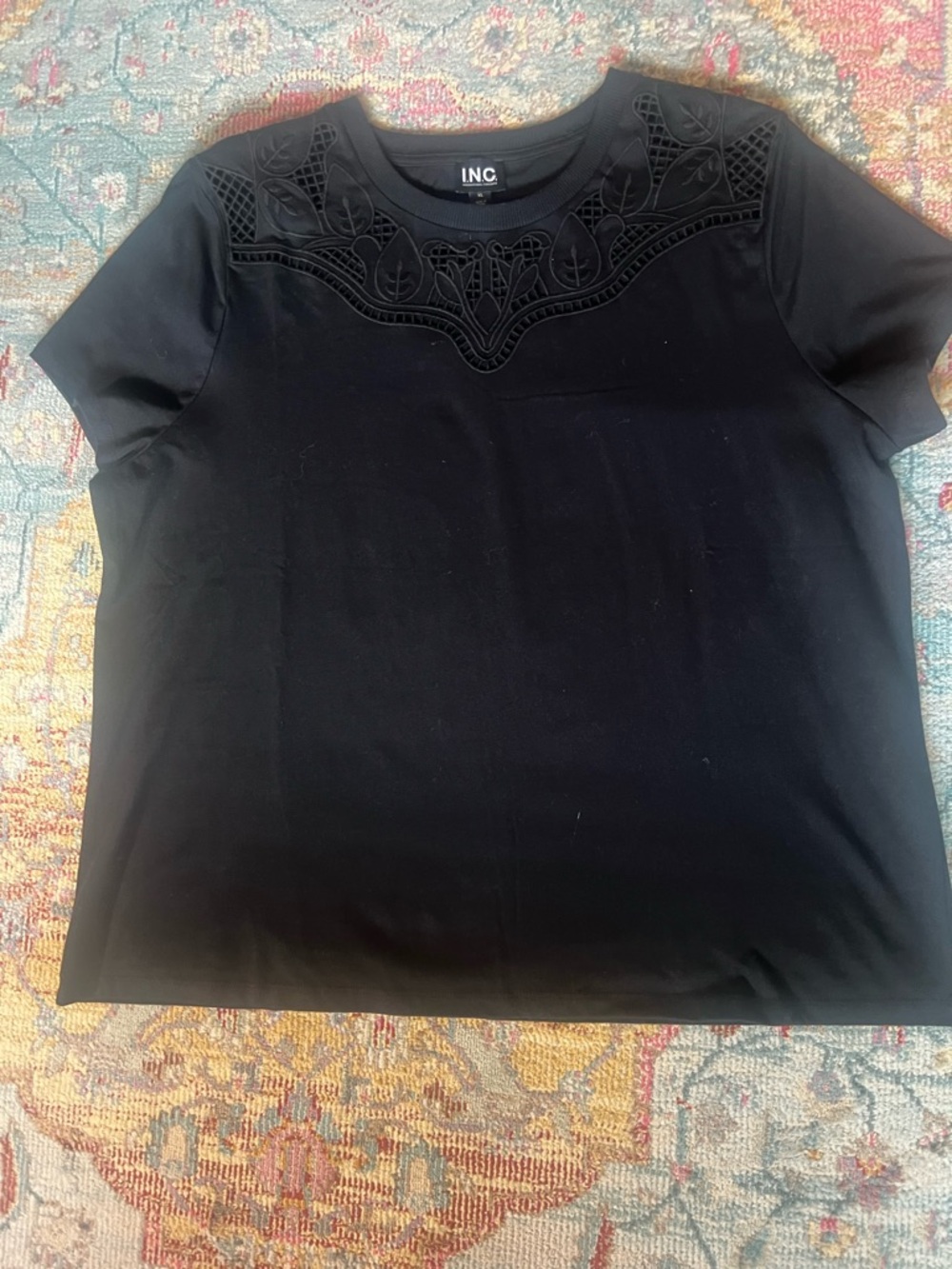 INC International Concepts Black Short Sleeve Top with Embroidered Yoke